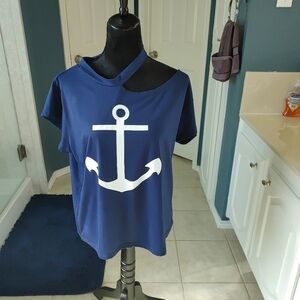 CBR Navy Blue Anchor Tee Cap Sleeves Decorative Neckline XL NEW